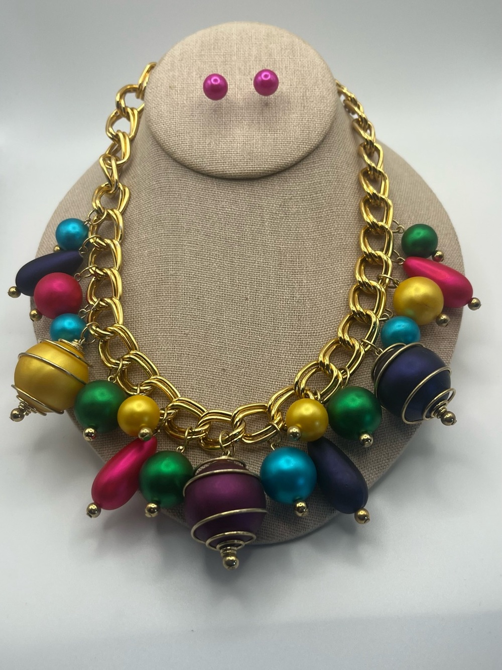 Gold Chain Multi-Color Bead Statement Necklace and Stud Earrings